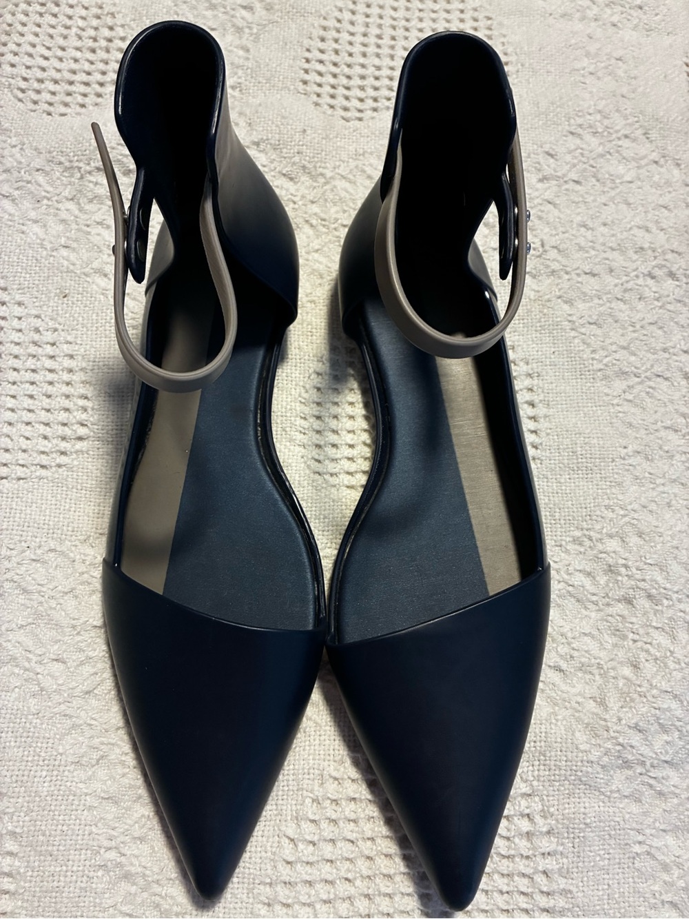 Melissa Navy Pointed D'Orsay Flats with Taupe Ankle Strap